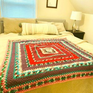 Boho Handknit Crocheted Colorful Throw Vintage